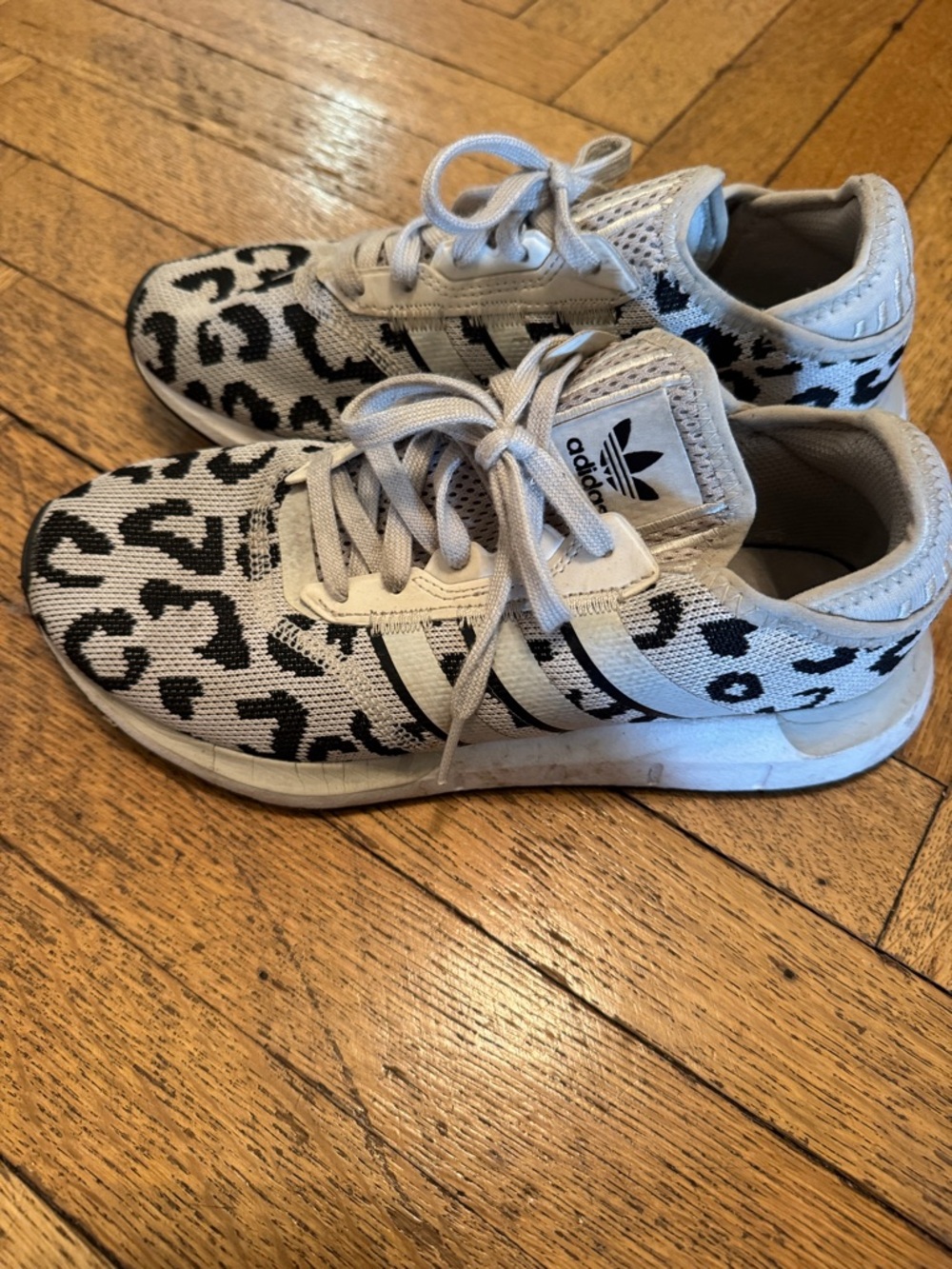 adidas womens White and Black Leopard Knit Sneakers